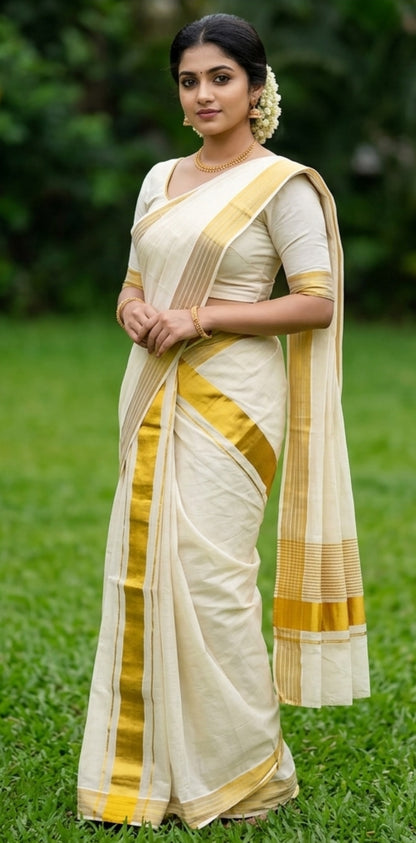 Kerala Set Mundu with Yellow & Gold Kasavu Border