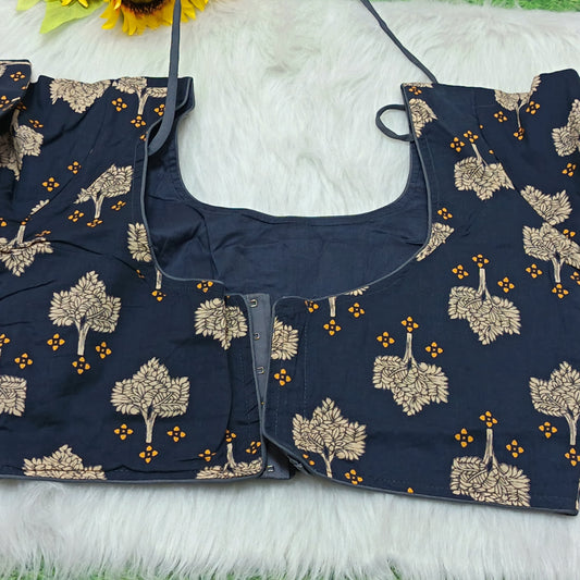Navy Blue Kalamkari Block Print Ready-to-Wear Blouse