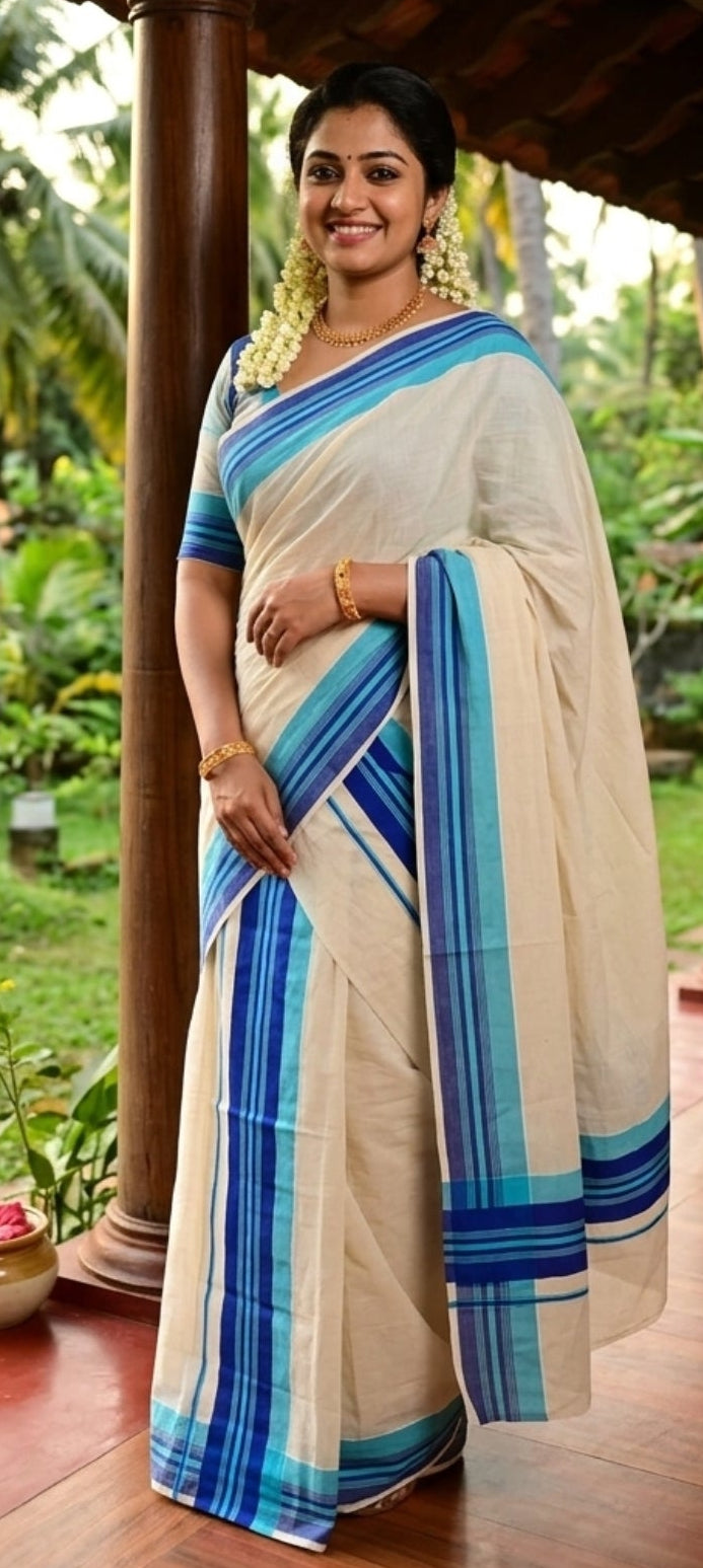 Kerala Cotton Mundu with Blue Stripes