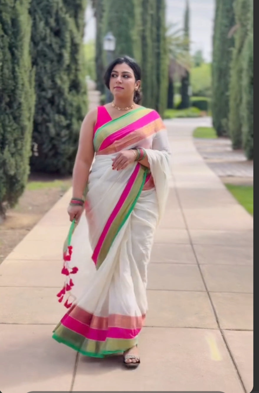 Mul Cotton Saree – Ivory Multicolour Striped Border