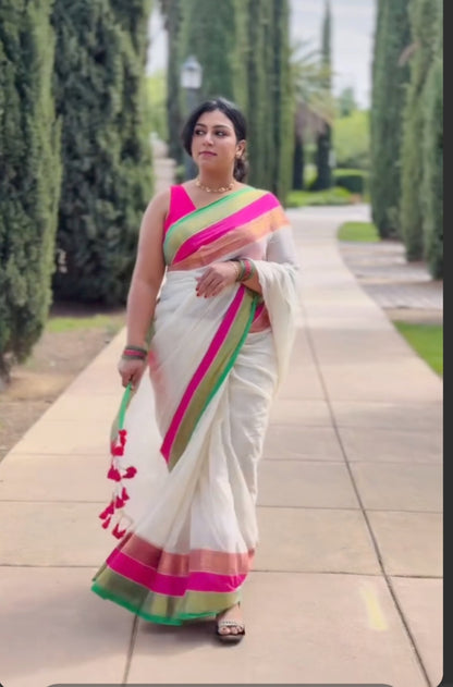 Mul Cotton Saree – Ivory Multicolour Striped Border