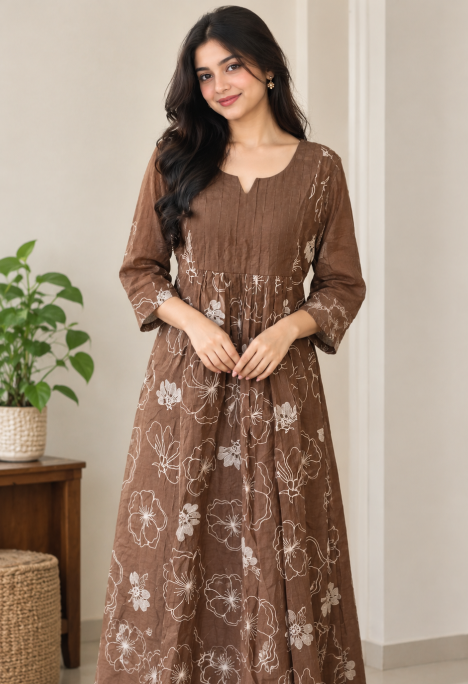 Mul Chanderi Kurti Top with Heavy Floral Embroidery & Frill Detailing(KRT-20)