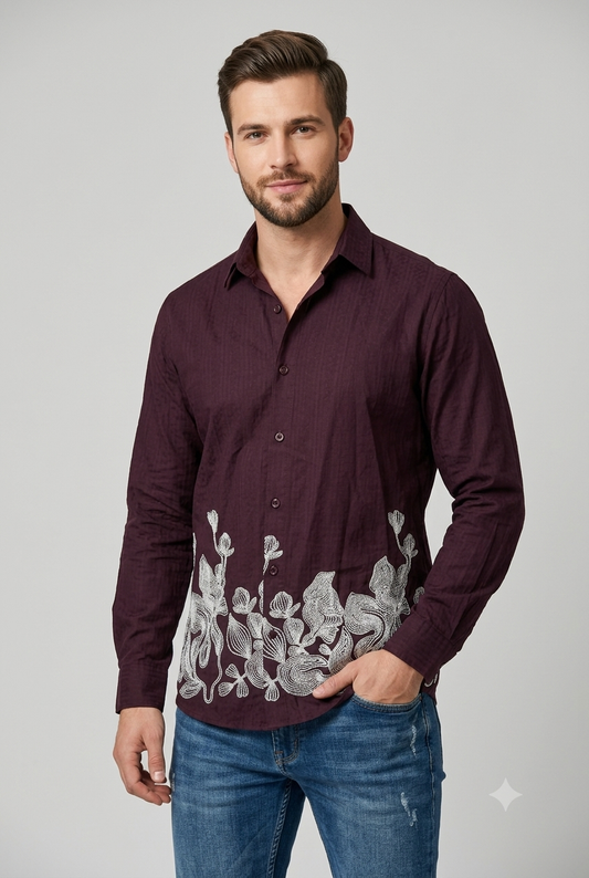 Men's Botanical Embroidered Slim Fit Shirt – Wine Burgundy
