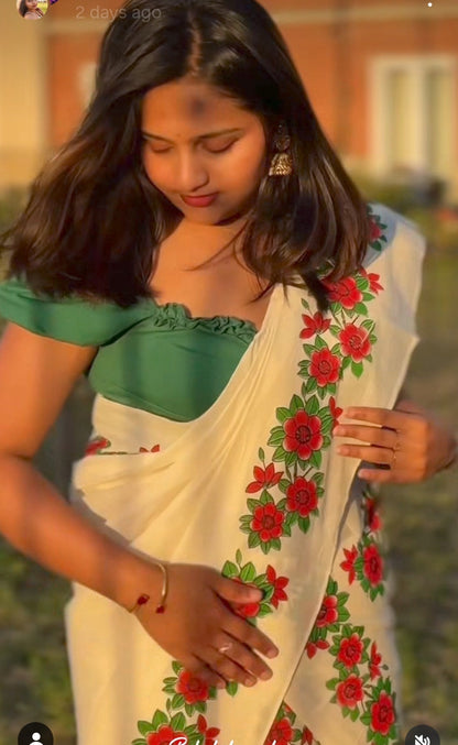 White Cotton Set Mundu with Red Floral Border