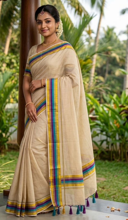 Kerala Set Mundu with Multicolour Kasavu Border & Tassels