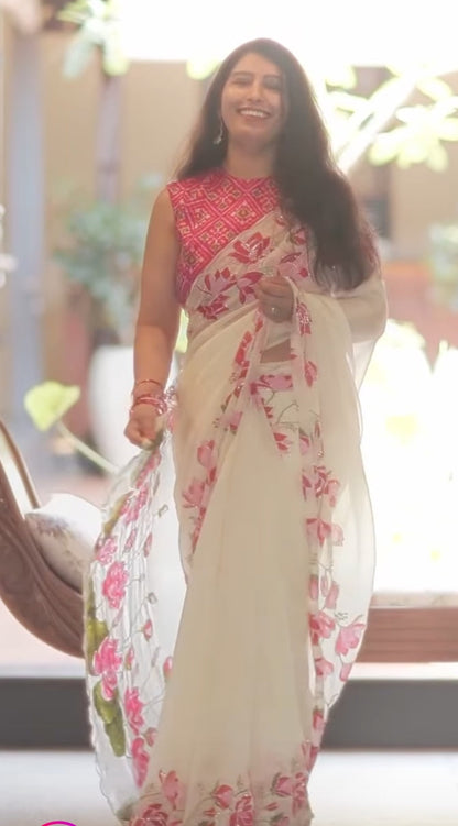 Tebby Silk Premium Saree — Ivory Floral with Hand-Painted Lotus Motifs