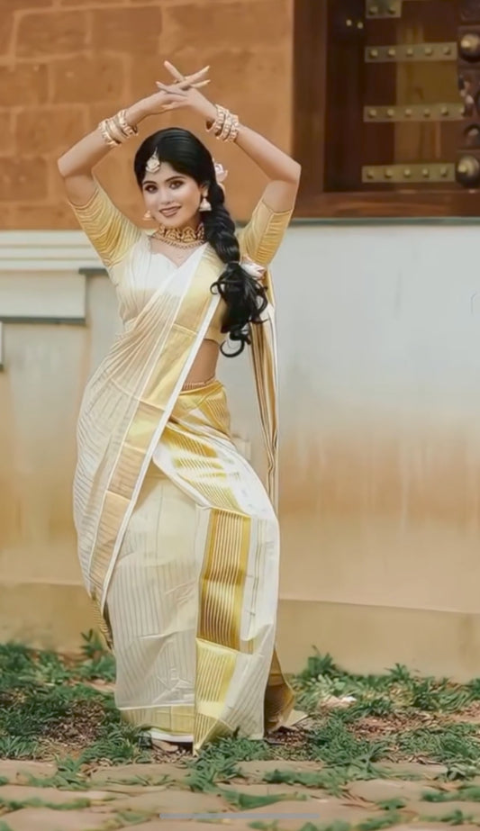 Kerala Tissue Set Mundu with Broad Gold Kasavu Border