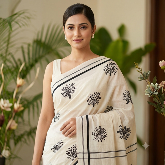 Puliyila kara  Saree with Tree Embroidery Work