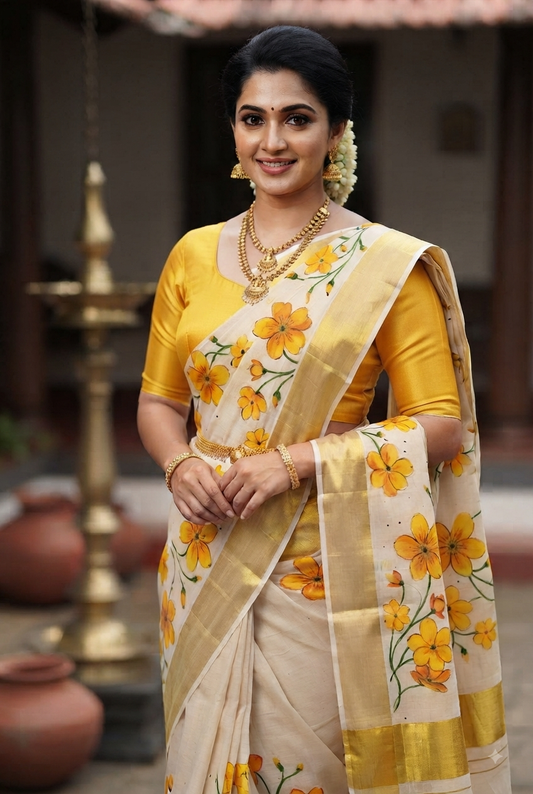 Kerala Kasavu Saree with Hand-Painted Marigold Florals & Gold Zari Border