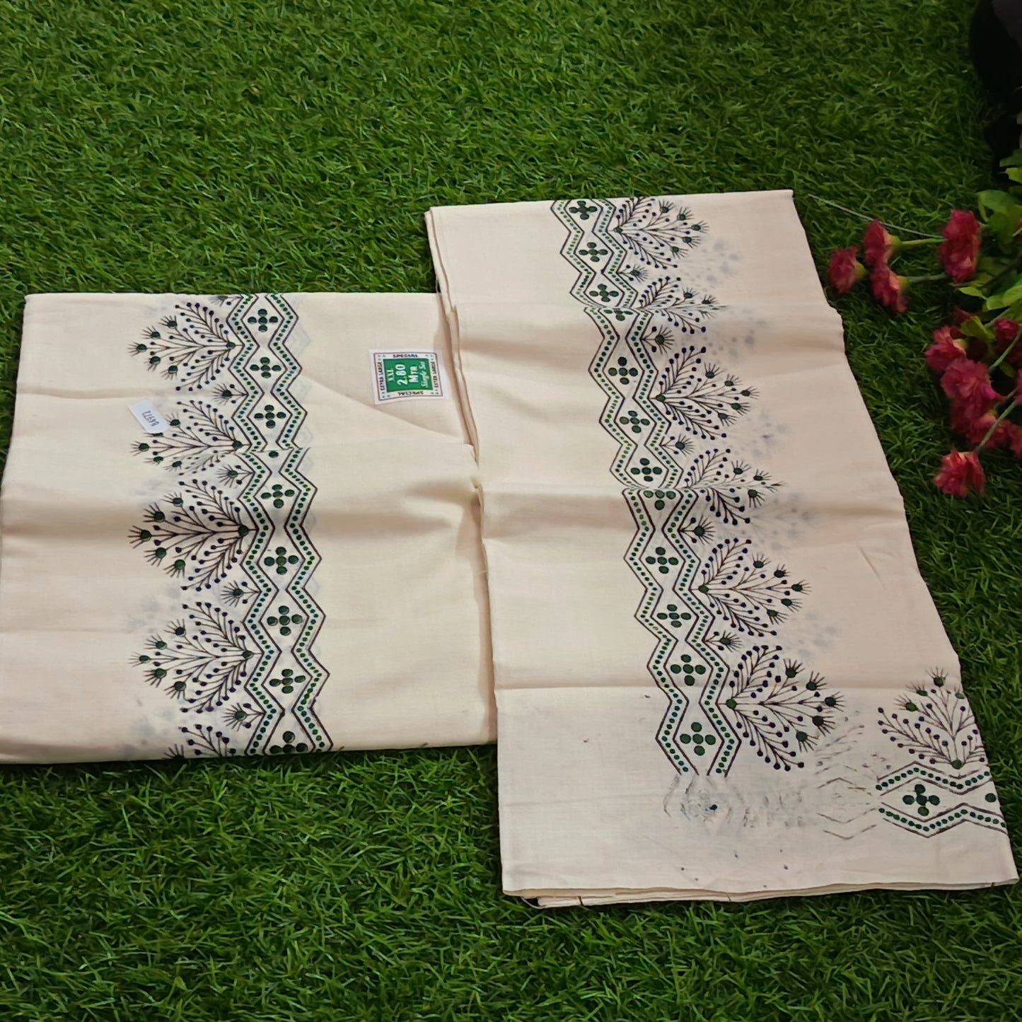 Kerala Cotton Mundu with Floral Zigzag Print Border