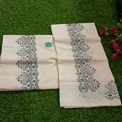 Kerala Cotton Mundu with Floral Zigzag Print Border