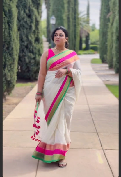 Mul Cotton Saree – Ivory Multicolour Striped Border