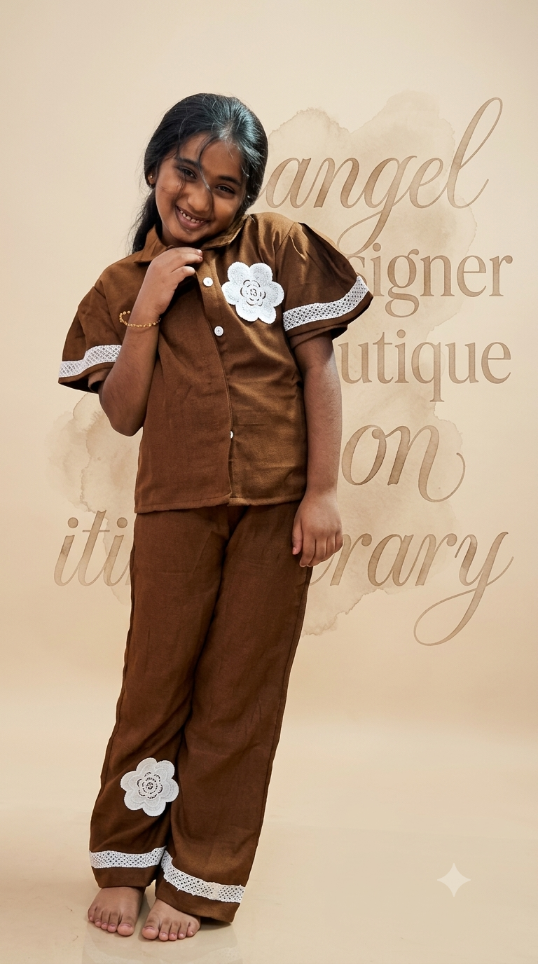 Girl wearing chocolate brown linen co-ord set with white crochet lace trim and floral appliqué