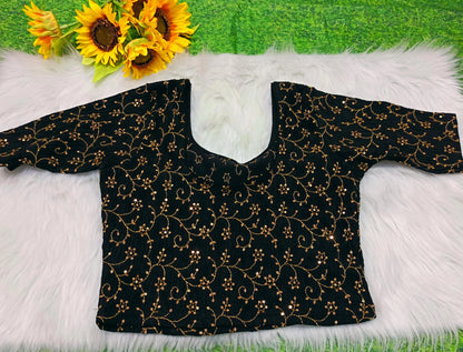 Black Gold Sequin Embroidered Ready to Wear Stretchable Blouse | Size 36–44