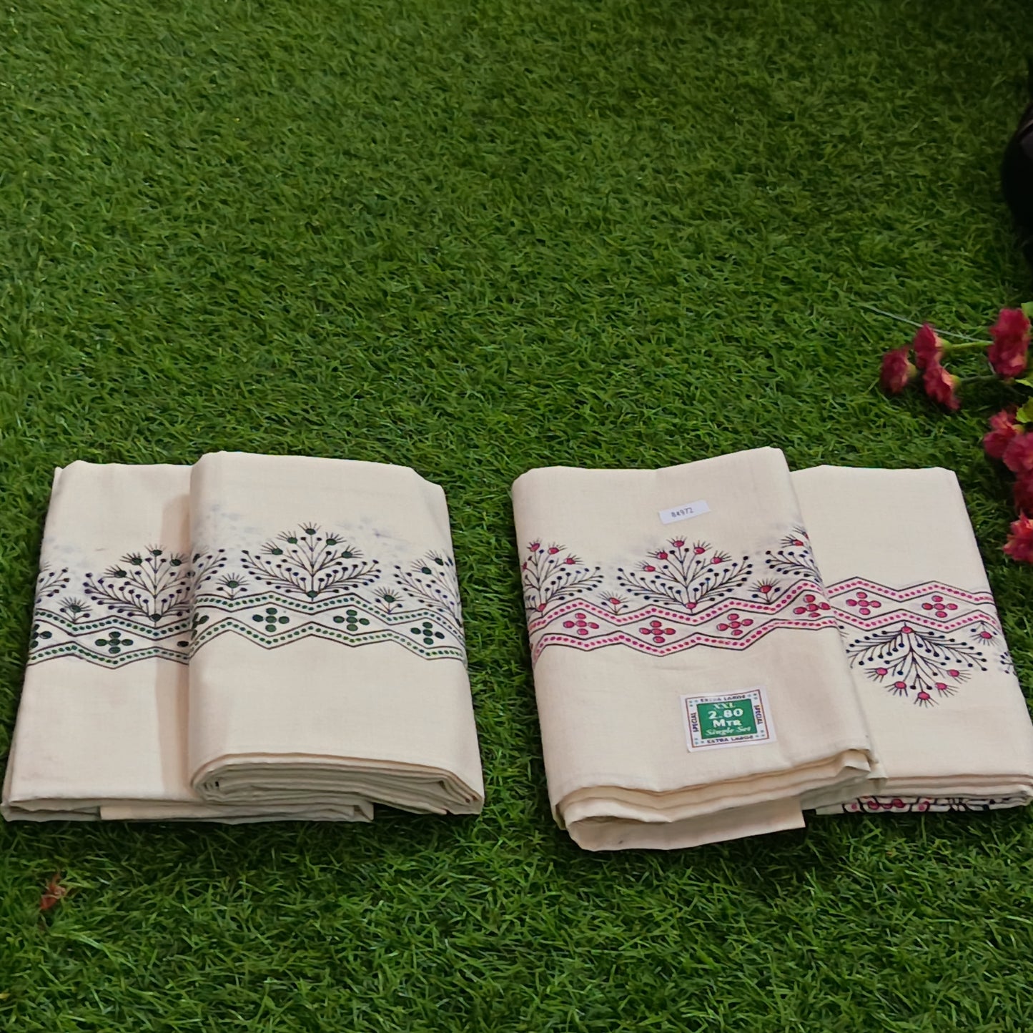 Kerala Cotton Mundu with Floral Zigzag Print Border