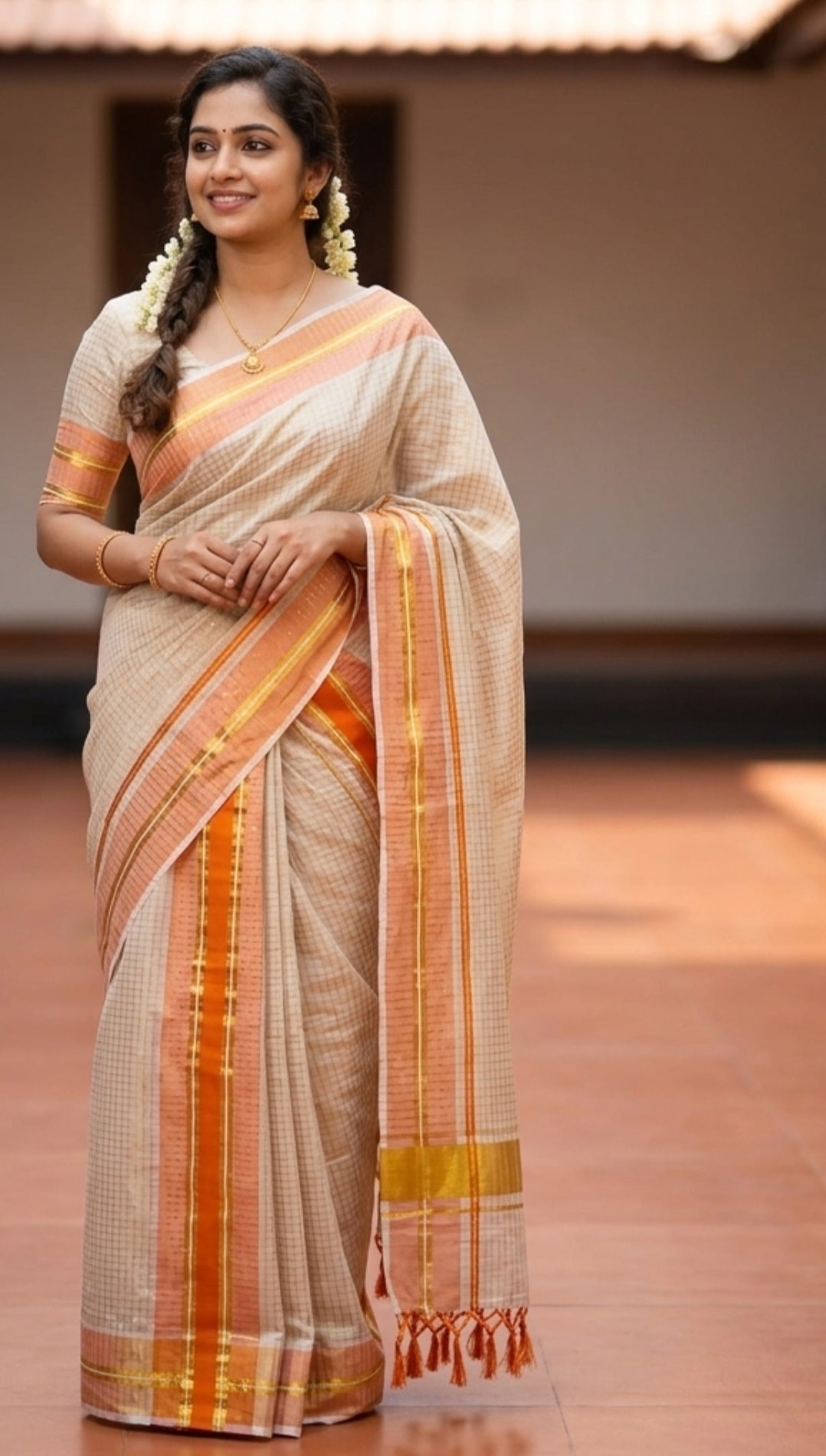Kerala Cotton   Set – Mundu Orange & Gold Zari
