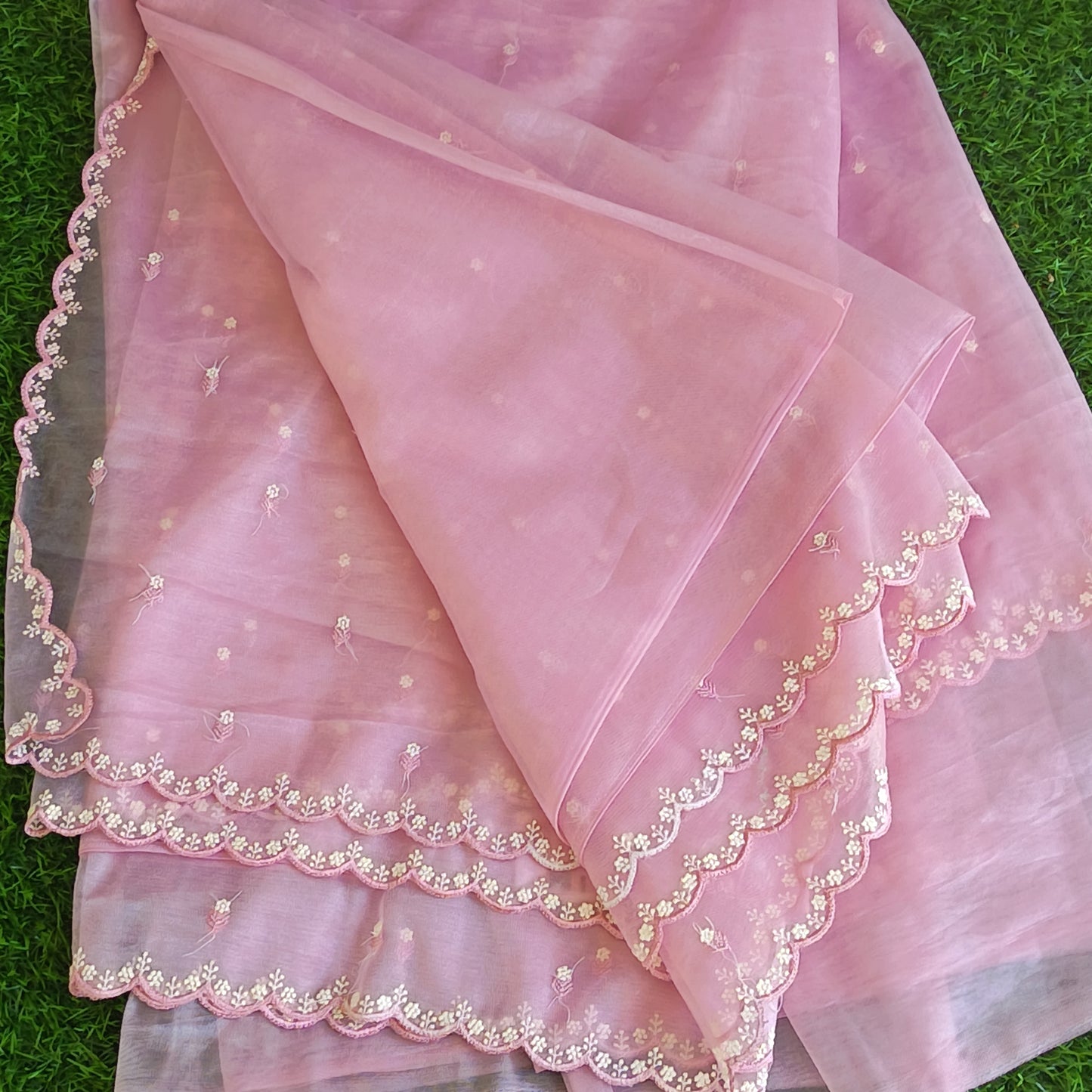 Blush Pink Glass Organza Saree with Stitched Blouse