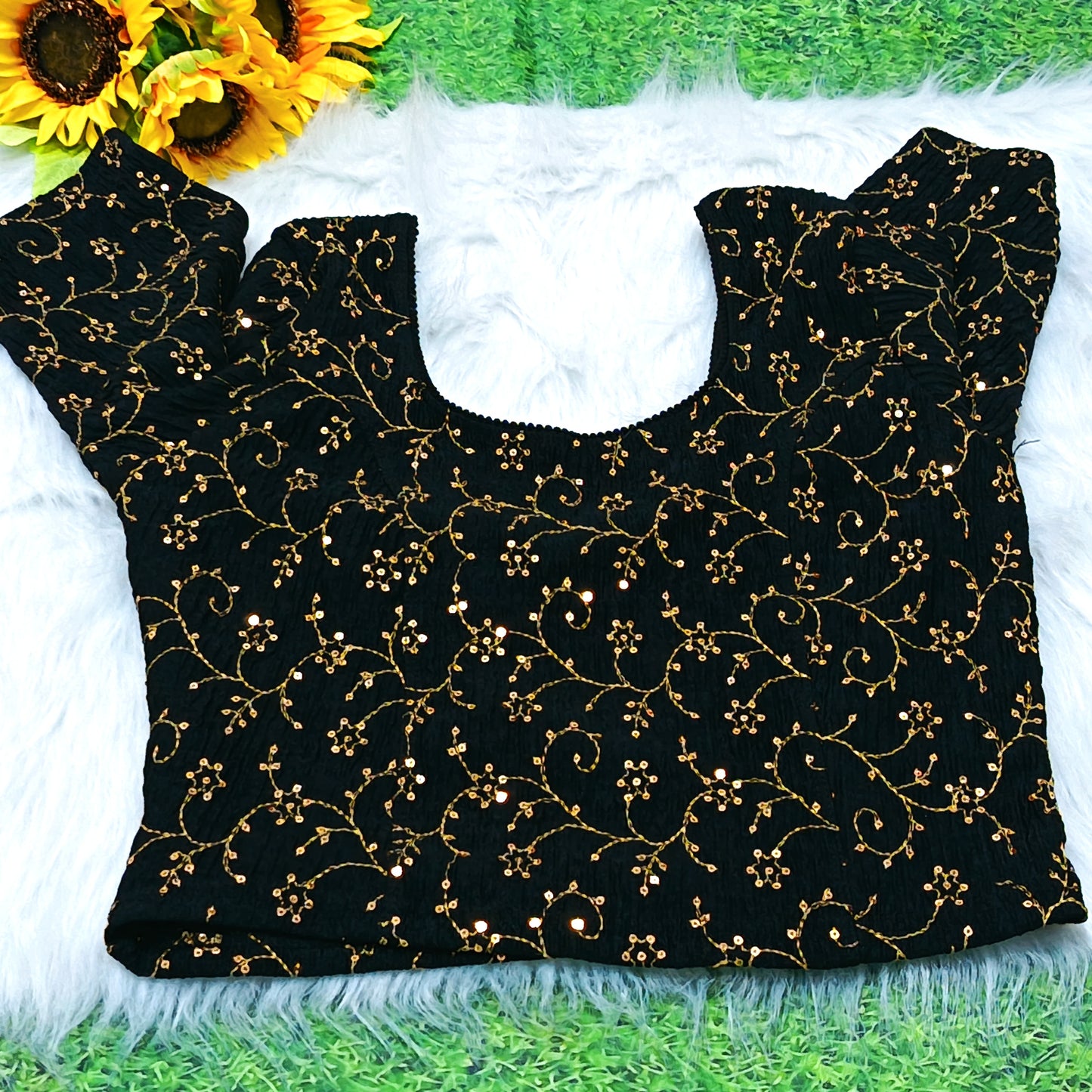 Black Gold Sequin Embroidered Ready to Wear Stretchable Blouse | Size 36–44