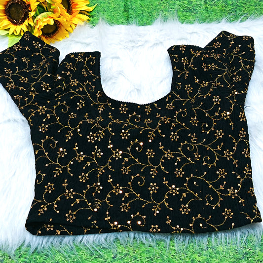Black Gold Sequin Embroidered Ready to Wear Stretchable Blouse | Size 36–44