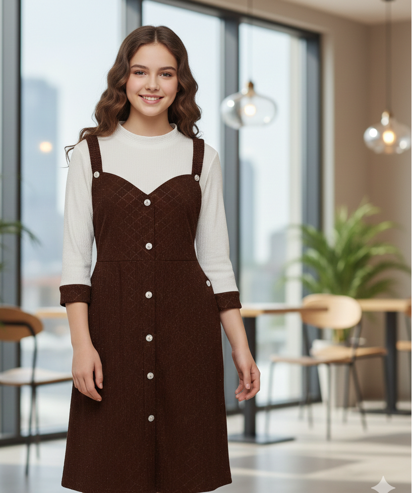 Woman wearing a brown dress with white buttons in an indoor setting