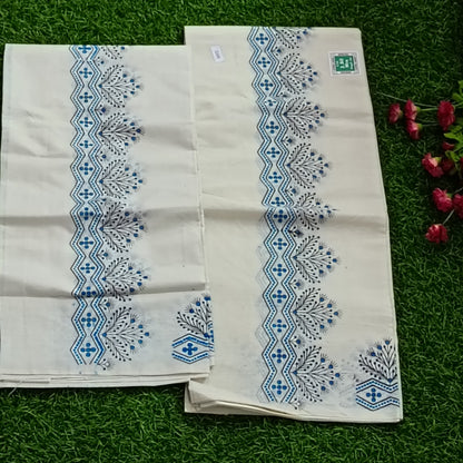Kerala Cotton Mundu with Floral Zigzag Print Border