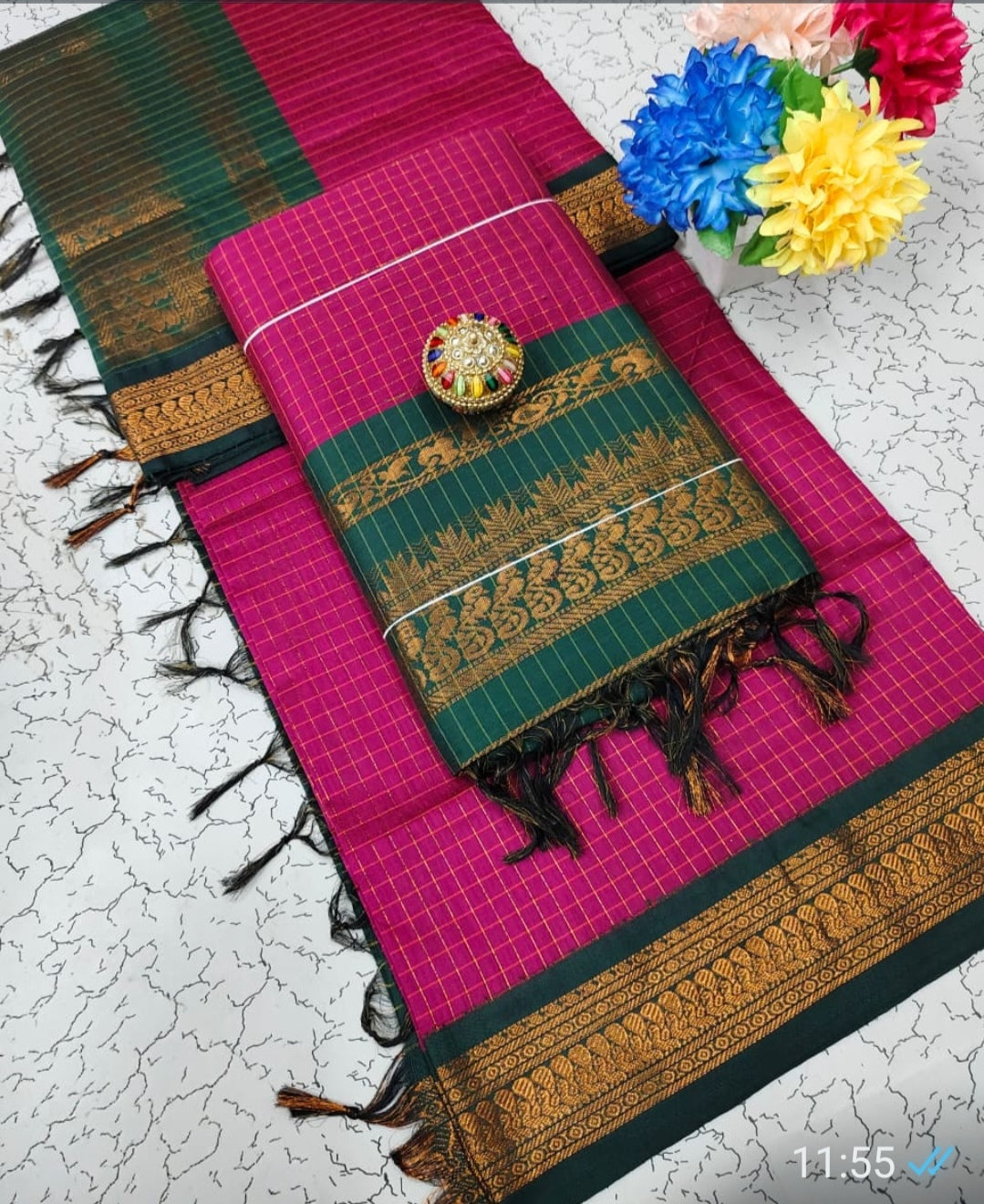 KALYANI COTTON CHECKED SAREES WITH STICHED BLOUSES.