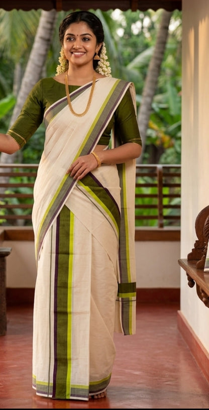 Kerala Traditional Mundu Set – Olive Green & Brown Stripe Border