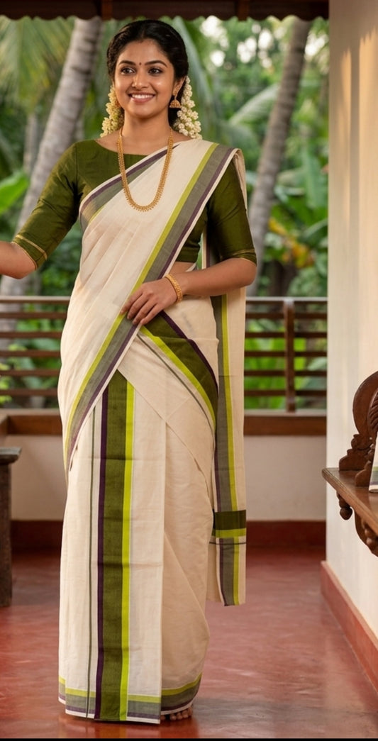 Kerala Traditional Mundu Set – Olive Green & Brown Stripe Border