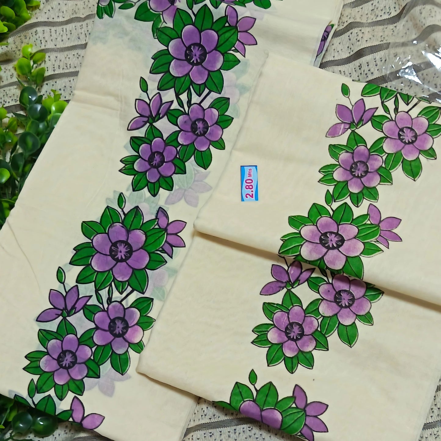 White Cotton Set Mundu with Red Floral Border