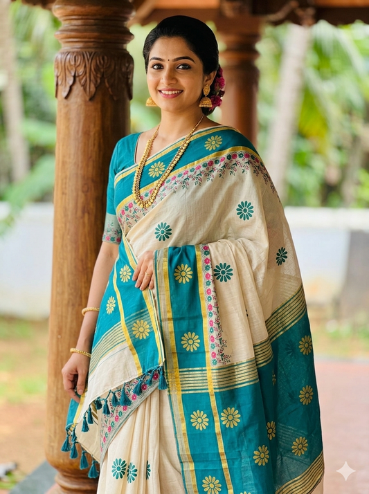 Kerala Kasavu Cotton Saree with Floral Digital Print Border & Teal Pallu