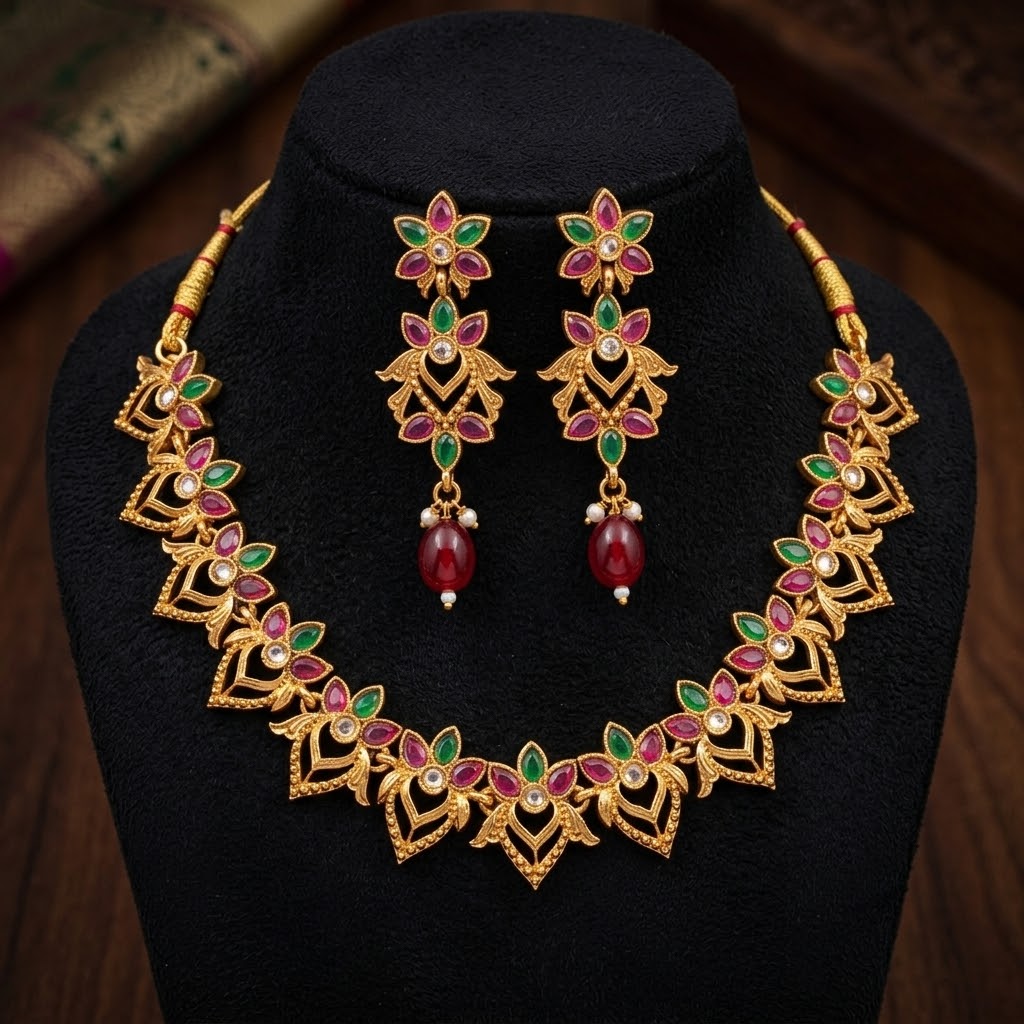 Ruby Emerald Kundan Floral Necklace & Earring Set | Gold Tone Indian Jewellery