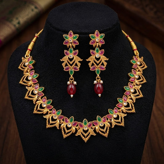 Ruby Emerald Kundan Floral Necklace & Earring Set | Gold Tone Indian Jewellery