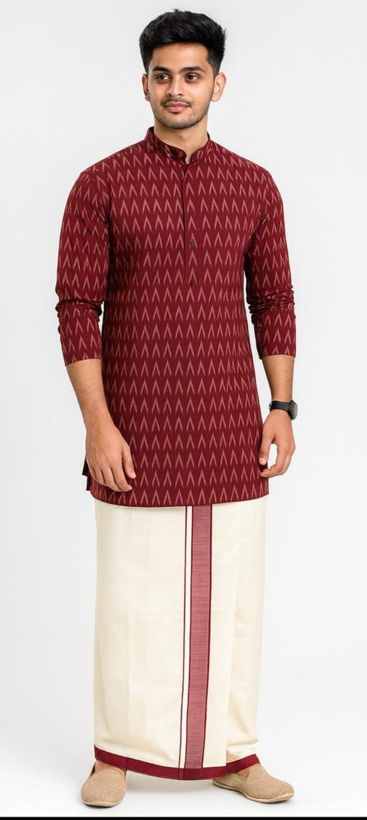 Maroon Ikat Print Kurta with Cream Dhoti