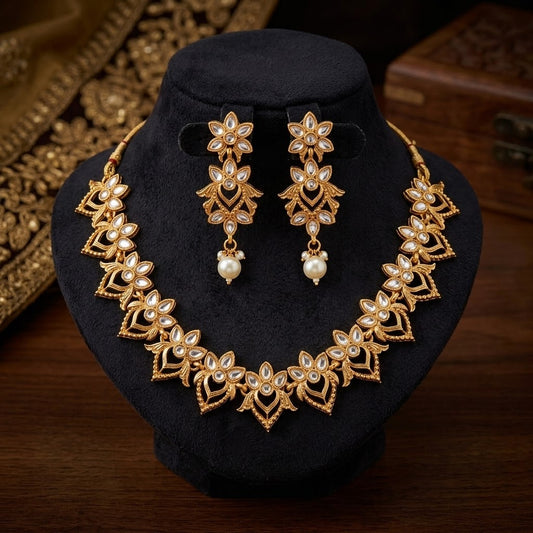 Kundan Floral Necklace & Earring Set with Pearl Drops