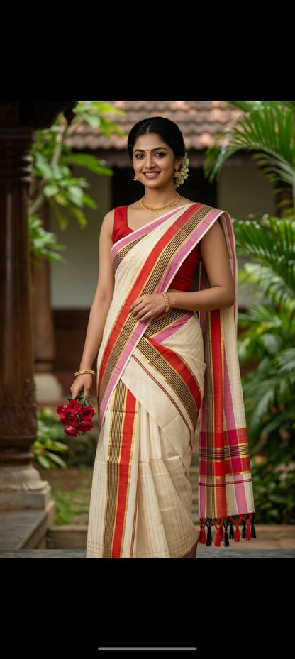 Kerala Cotton Mundu Set – Red & Gold Stripe with Tassels