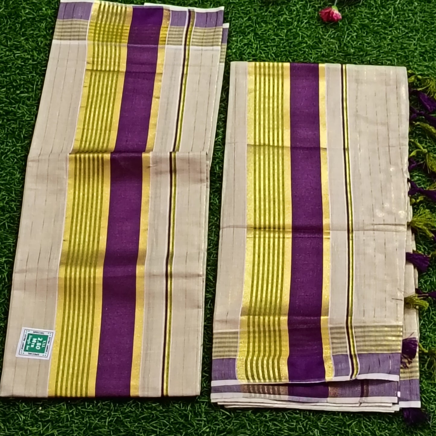 Kerala Cotton Mundu with Gold Zari & Purple Stripes