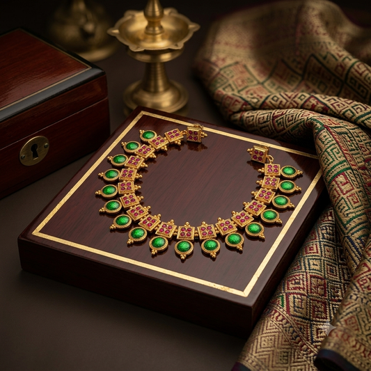 Emerald & Ruby Kemp Choker Necklace With Ear Ring| South Indian Temple Jewellery