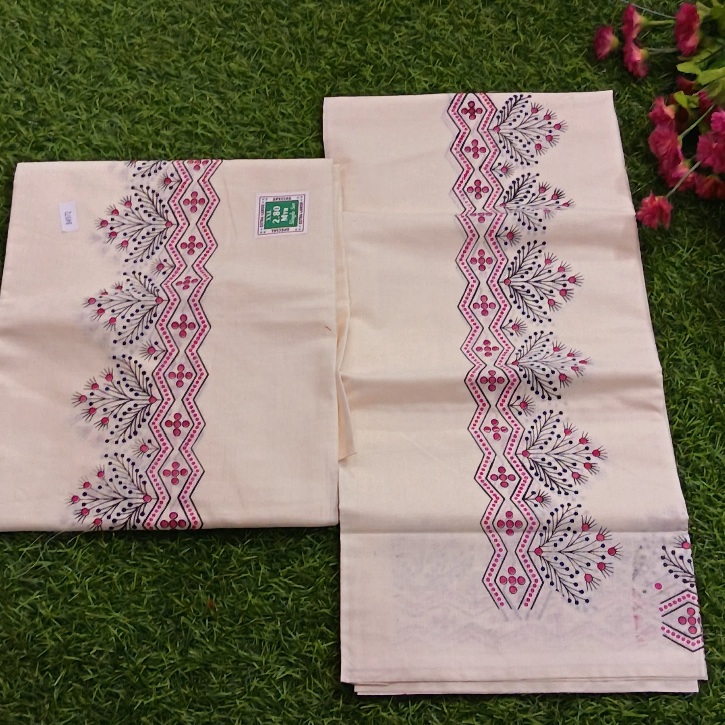 Kerala Cotton Mundu with Floral Zigzag Print Border