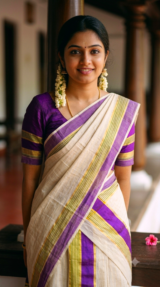 Kerala Cotton Mundu with Gold Zari & Purple Stripes