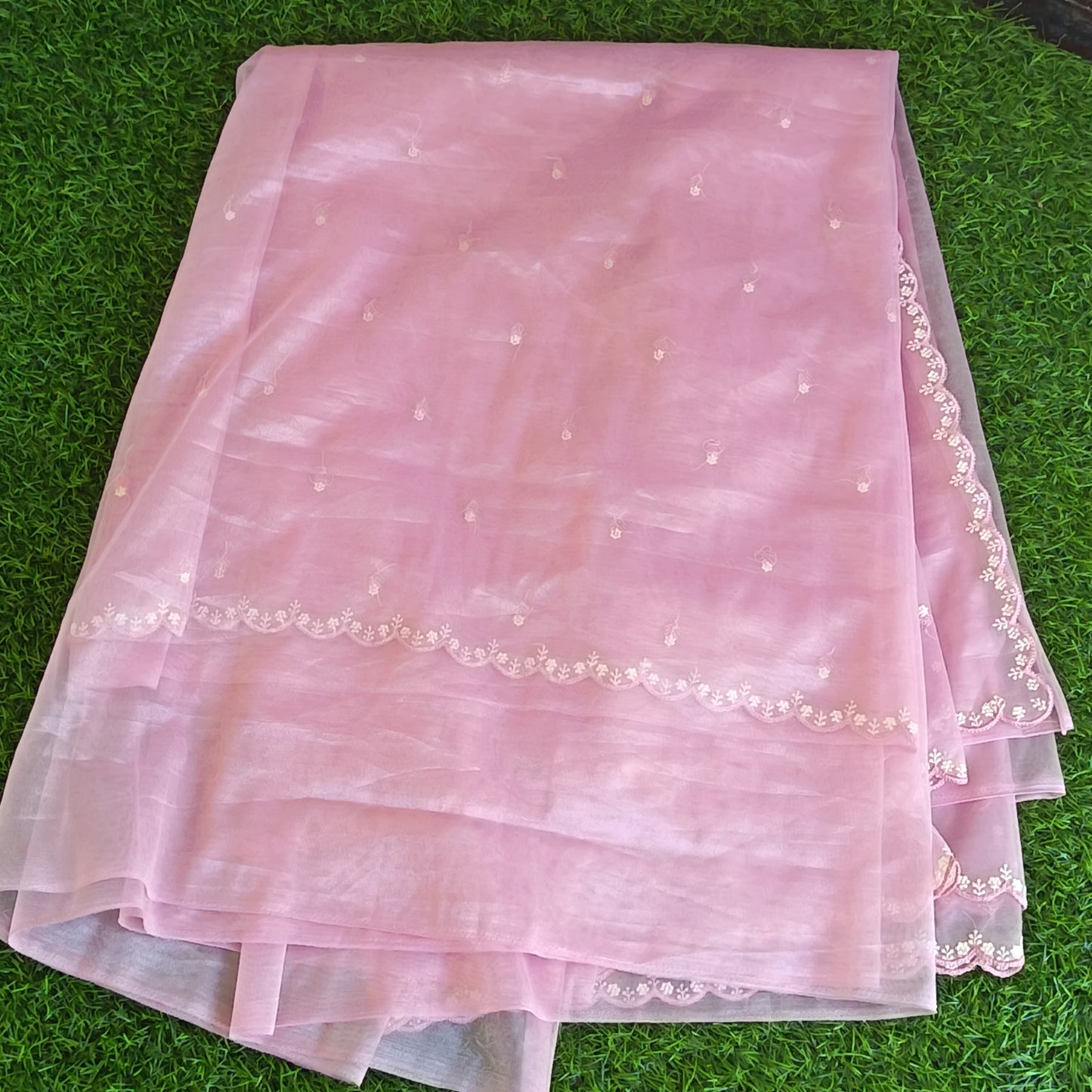 Blush Pink Glass Organza Saree with Stitched Blouse