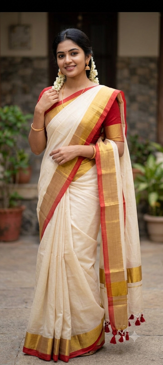 Off-White Mul Cotton Kerala Saree with Red & Gold Zari Border