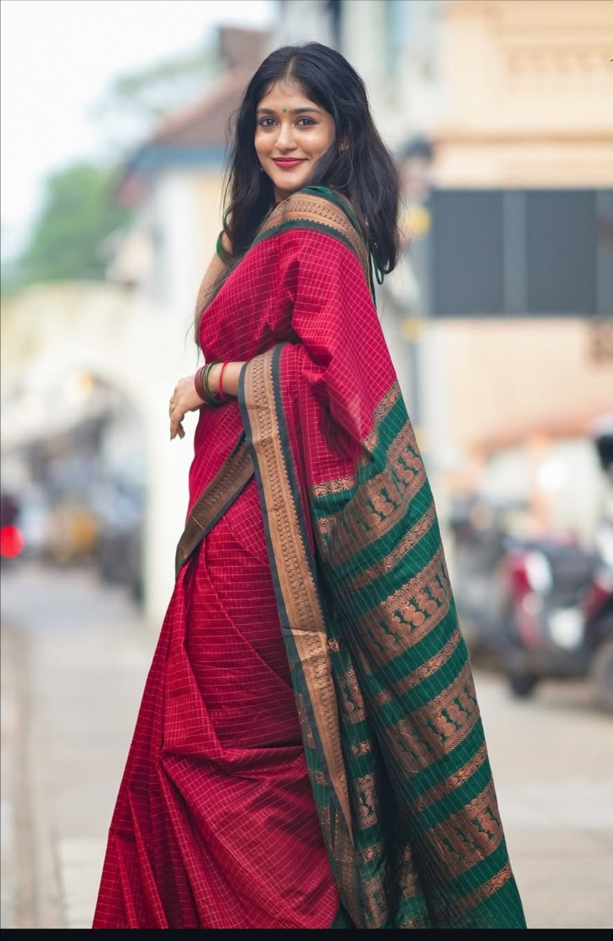KALYANI COTTON CHECKED SAREES WITH STICHED BLOUSES.