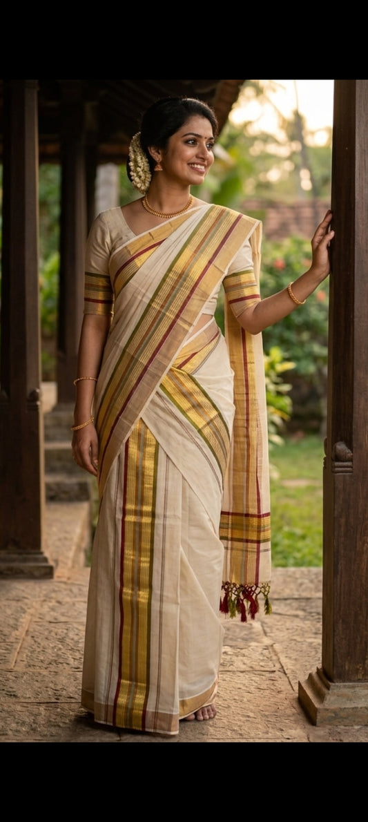 Kerala Cotton Mundu with Gold Zari, Multicolour Stripes & Red Tassels