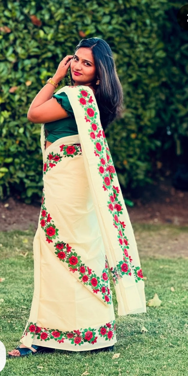 White Cotton Set Mundu with Red Floral Border