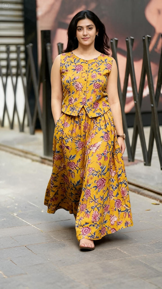 Mustard Floral Peplum Top & Skirt Set | Angel Designer