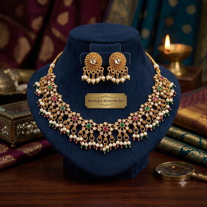 Antique Kundan Pearl Choker Necklace & Jhumka Earring Set | Bridal Indian Jewellery