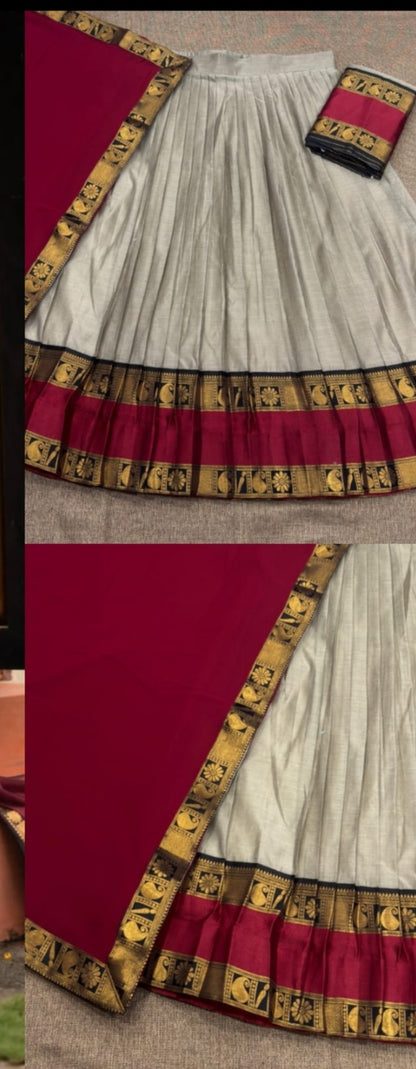 Fully Stitched Kanchi Cotton Dhavani Set – Beige & Maroon
