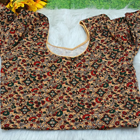 Beige Kalamkari Print Ready to Wear Stretchable Blouse | Size 36–42