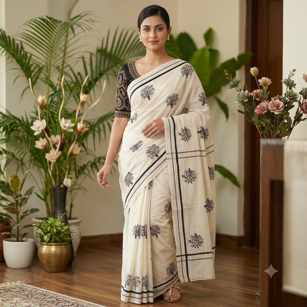 Puliyila kara  Saree with Tree Embroidery Work
