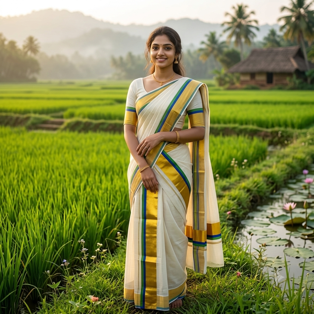 Kerala Traditional Kasavu Set Mundu – Gold Zari with Colour Border
